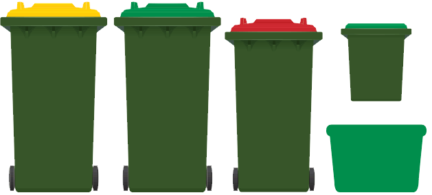 Option Two: Yellow Bin, Greenwaste Bin, Larger general waste bin, Glass crate, new foodwaste bin