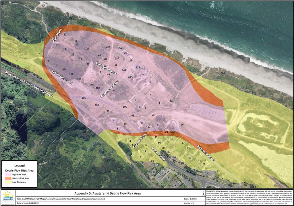 A map showing the high, medium, and low risk debris flow areas.