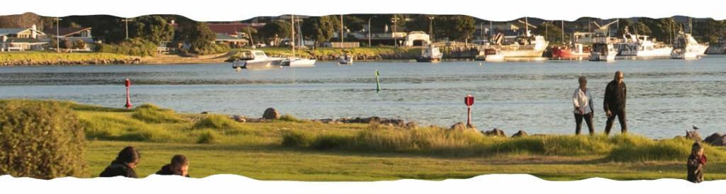 Whakatane River and people walking alongside it