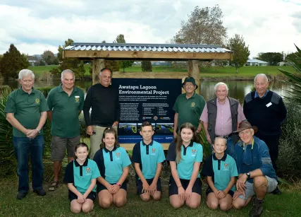 From left, standing, Tom Webb, Ray Erskine, Peter Mottram, Paddy Briscoe, Les Baker, and Peter Dickson of the Kopeopeo Lions; and from left in front, Jordyn Rhodes, Ari Gibson, Ethan Burke, Taylor Charters, Marina Sirkku and Graham Henton of Whakatāne Intermediate. From left, standing, Tom Webb, Ray Erskine, Peter Mottram, Paddy Briscoe, Les Baker, and Peter Dickson of the Kopeopeo Lions; and from left in front, Jordyn Rhodes, Ari Gibson, Ethan Burke, Taylor Charters, Marina Sirkku and Graham Henton of Whakatāne Intermediate.
