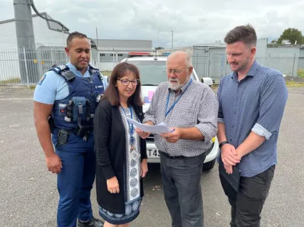 Sergeant Mark Anaru, Pauline Plowright (Murupara Police Station Support Officer), Ken Bannan (Murupara Community Board) and Adam Parlane (SaferCities) discuss camera locations in Murupara. 