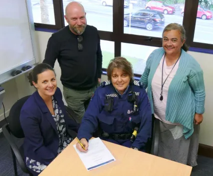 From left, Cashy Ball - WDC, Whakatane Bluelight’s Richard Hamer, Constable Helen Hay, and Lorreen Hartley.