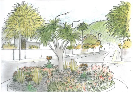 Caption: An artist’s concept drawing of the landscape appeal of the McAlister Street/Commerce Street roundabout with a mature specimen aloe tree. Caption: An artist’s concept drawing of the landscape appeal of the McAlister Street/Commerce Street roundabout with a mature specimen aloe tree.