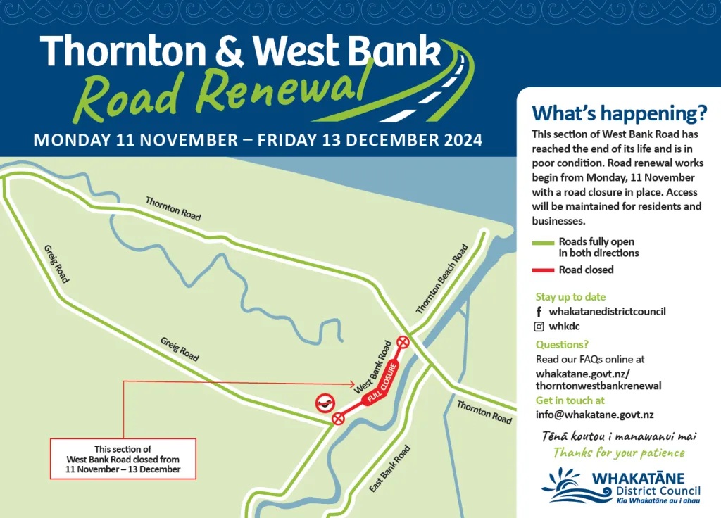 West Bank Road is closing this Monday