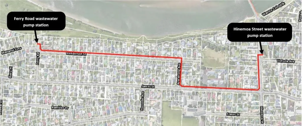 The image shows location of Ferry Road pump station and rising main connection to the Hinemoa Street wastewater pump station 