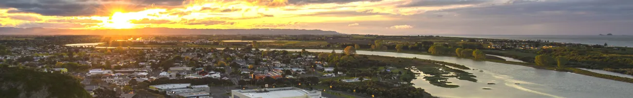 View of sunset over Whakatane Township