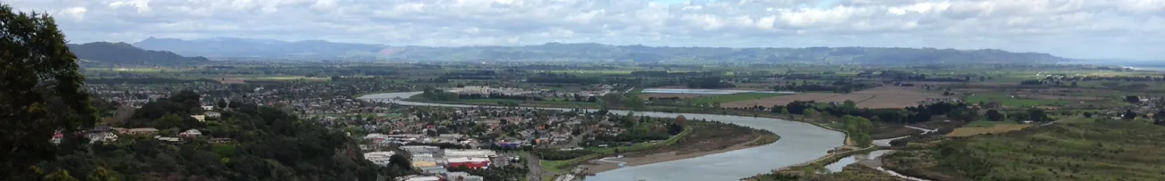 An aerial view of Whakatāne township and the river.