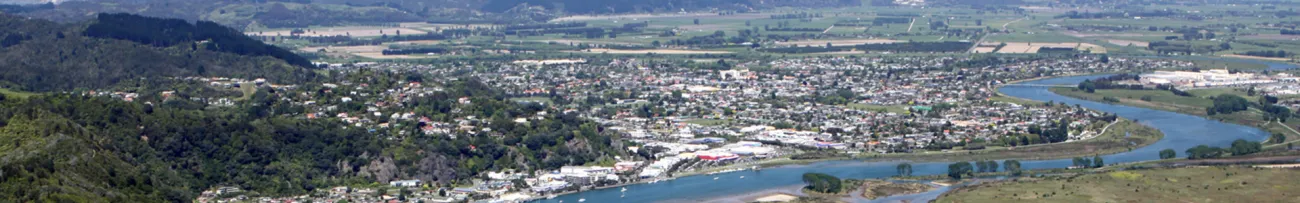 Oblique aerial view of the Whakatāne District.