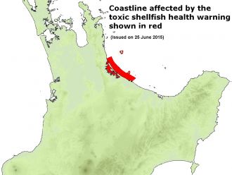 A map of areas still under a toxic shellfish warning. This warning area no longer includes any portion of the Whakatāne District.