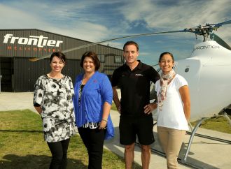 Kristin Dunne, Tourism Bay of Plenty’s Marketing and Communications Manager, Roslyn Mortimer, Whakatāne District Council Manager Business Services, and Mark and Anna Law of Frontier Helicopters.