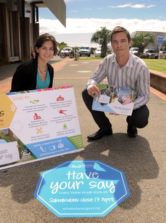 Cashy Ball and Wouter Vullings of the Whakatāne District Council Policy Team with one of the new decals.