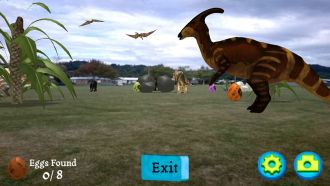 A hadrosaur wanders through a Magical Park as pterodactyls fly above.