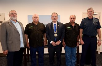 Left to right: Paul Wright, Chief Executive of Pumicelands Rural Fire Authority; Tony Gillard, Manager of Pumicelands Eastern Zone; Mayor Tony Bonne; Kelvin Wallace, Waimana Chief Fire Officer; and Kevin Cowper of the New Zealand Fire Service.