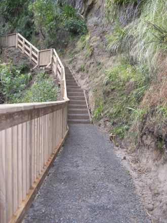 Part of the recently completed track upgrade on the Ōtarawairere Bay-West End section of the Ngā Tapuwae o Toi Walkway.