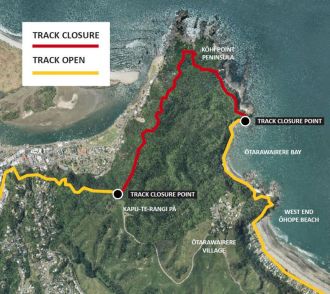 Map showing closure area of Ngā Tapuwae o Toi Track - between Ōtarawairere Bay (northern steps) and Kapu-Te-Rangi Pā (including Kōhī Point peninsula). Other track connections will remain open