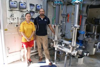 Pictured with the Aquatic Centre’s new UV treatment system are Lifeguard Jardenia Curtin and Whakatāne District Council Aquatics and Recreation Manager Garner Gulliver.